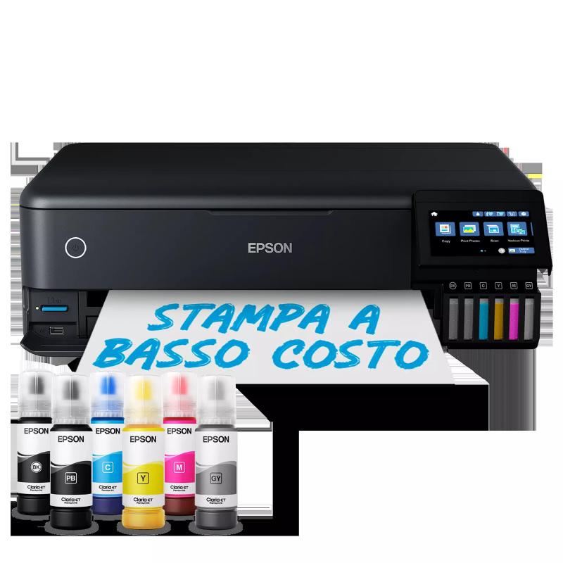 Stampante Multifunzione Fotografica A3+ Epson EcoTank ET-8550 Wi-Fi
Stampante multifunzione inkjet a 6 colori con sistema EcoTank a serbatoi ricaricabili, progettata per la stampa fotografica di alta qualità fino al formato A3+